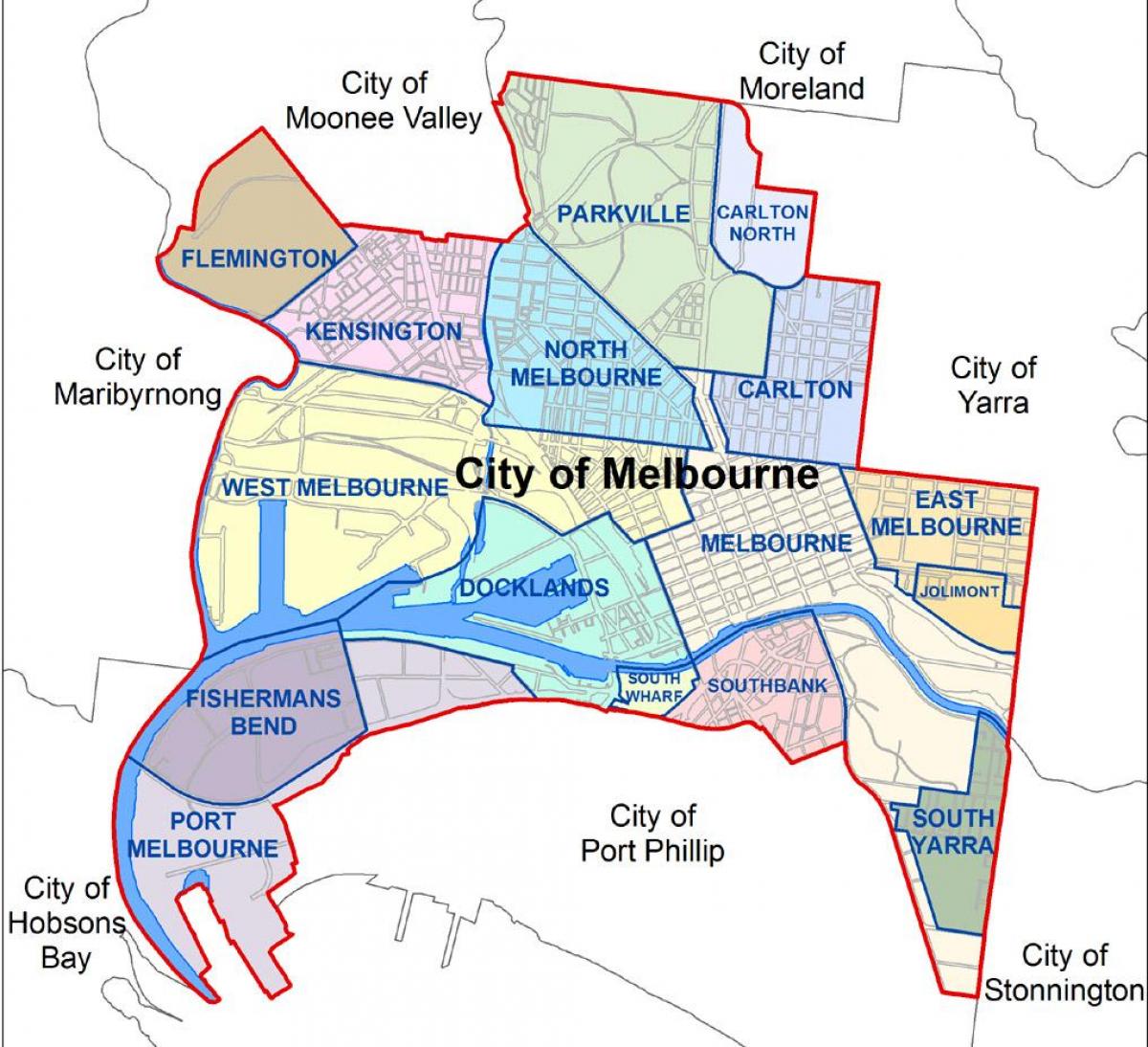mapa Melbourne a okolních předměstí
