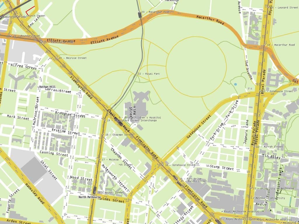 mapa Royal dětská nemocnice, Melbourne